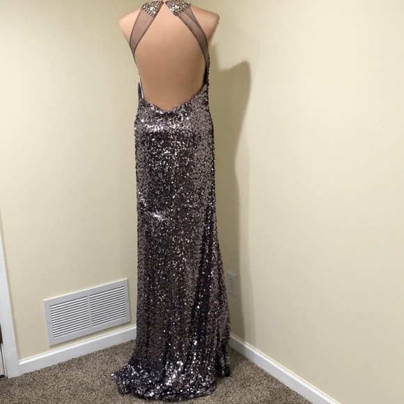 NWT Kasey J Dusty Purple Sequin High Mesh Illusion Rhinestone Neck Gown Size 12 - Picture 5 of 11